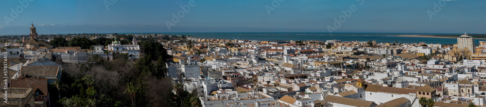 Panoramic shot of Sanlucar de Barrameda, a tourist and historical town located on the banks of the mouth of the Guadalquivir river in the province of Cadiz, in Andalusia, southern Spain