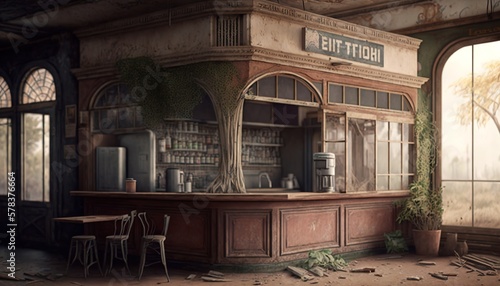 Abandoned coffee shop post apocalypse. Generative AI.