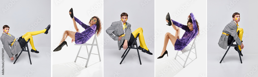 Obraz premium Collage. Young man and woman in bright stylish clothes isolated over grey background. Inner world, psychology