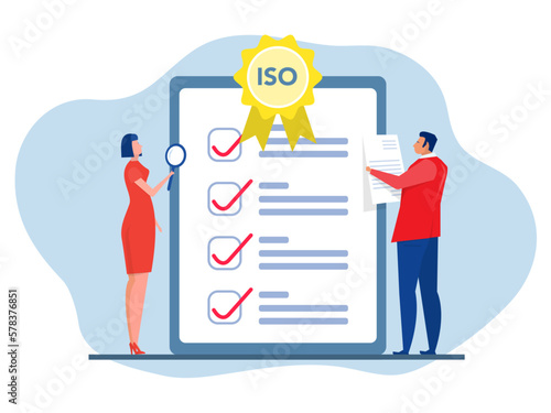 ISO system and international certification concept Team Business analysis with  passed standard quality control vector illustrator