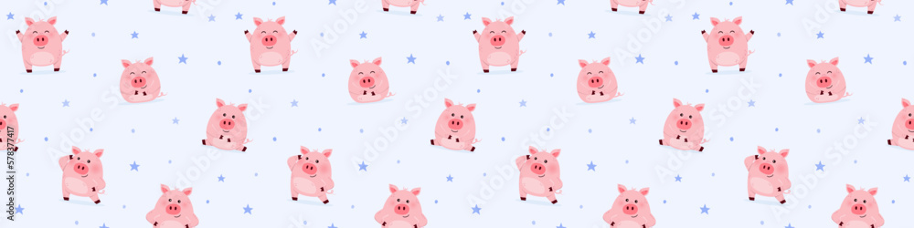 Blue background with cute pigs. Concept of a seamless pattern. Banner. Vector illustration
