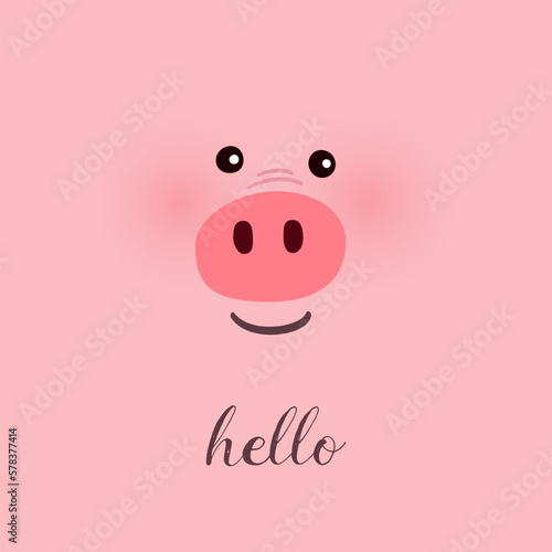 Pink background with cute pig face and hello text. Vector illustration.