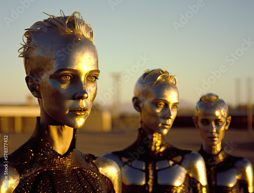generative ai of three humanoid android with golden metal skin at sunset.