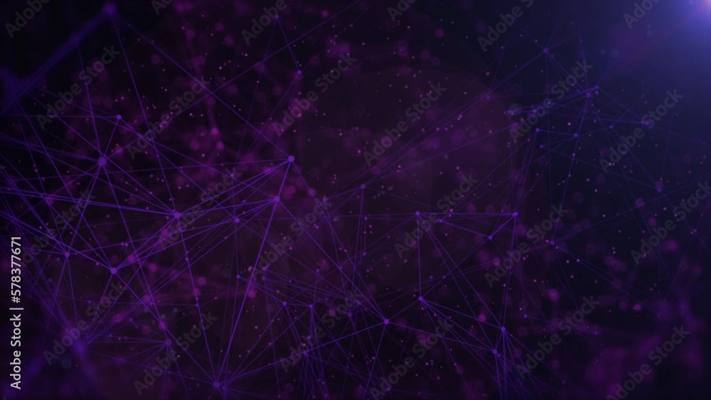 Technology digital purple low poly connection flowing wave with glow lens flare futuristic structure. Big data visualization seamless loop 4K motion background.