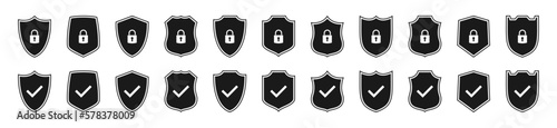 Antivirus security shield icons with lock and check mark. Set of protection shields of digital security. Design elements for anti-virus concept. Approved safety signs. Vector illustration.