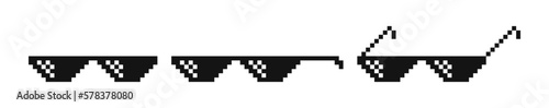 Pixel glasses. Trendy thug life meme glasses in pixel art style. Set of black pixelated sunglasses, 8-bit gangster meme element. Vector illustration.