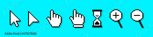 Pixel cursor or computer mouse pointer icons set. Pixel art cursors - arrows, hand click pointers, magnifier and hourglass. Pixelated computer mouse icons in 8 bit style. Vector. photo