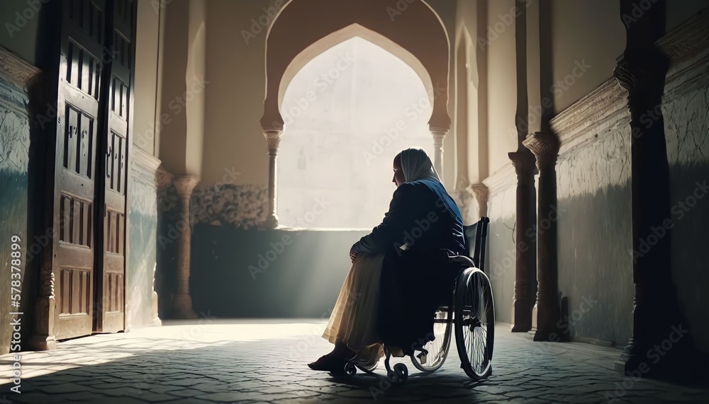 old muslim women using wheelchair praying in mosque, Generative AI