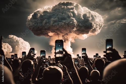 The end of the world, nuclear explosion cloud, crowd using many mobiles phones taking photos, AI generated. An ironic look at modern society.