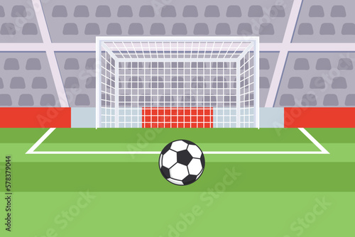 Ball and goal design on the field. Penalty kick concept flat style design photo