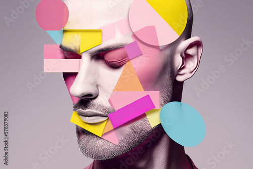 Portrait of stylish bald man over pink background with geometrical shapes on face. Generative AI photo