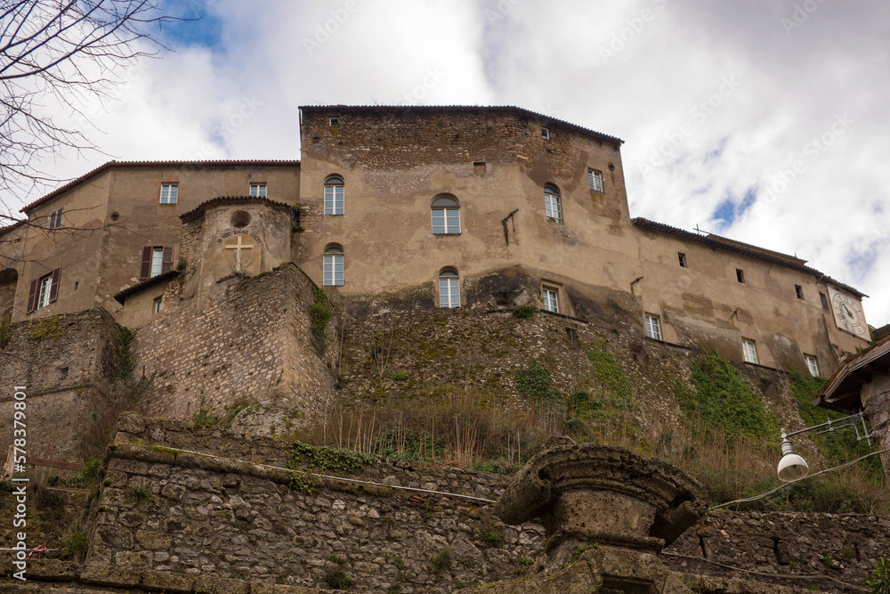 Bottom view of the Rocca Abbaziale, also known as Rocca dei Borgia, located in Subiaco, near Rome, Italy. It is an abbey, designed as a castle. 