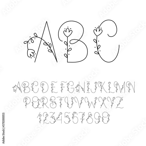 Cute Floral Line Alphabet. Flower Letters and Numbers. English Decorative Font.