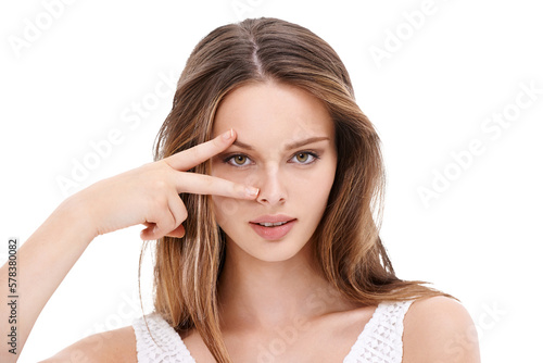 A stunning female model uses an eye-opening gesture to promote cosmetics and emphasize the transformative power of microblading, eyecare, and beauty isolated on a png background.