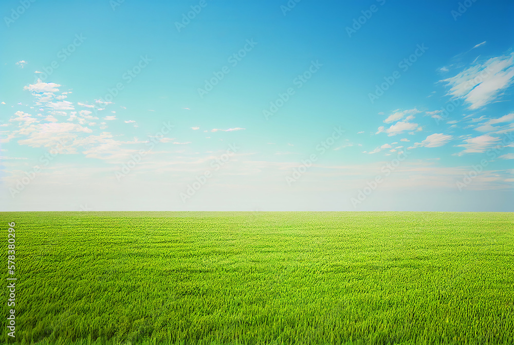 Flat green grass field with blue sky above simple background, generative AI digital art.