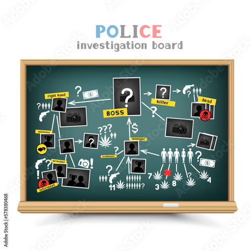 police investigation objects on blackboard