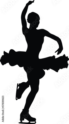 girl figure skater dancing figure skating, black silhouette on white background, vector illustration