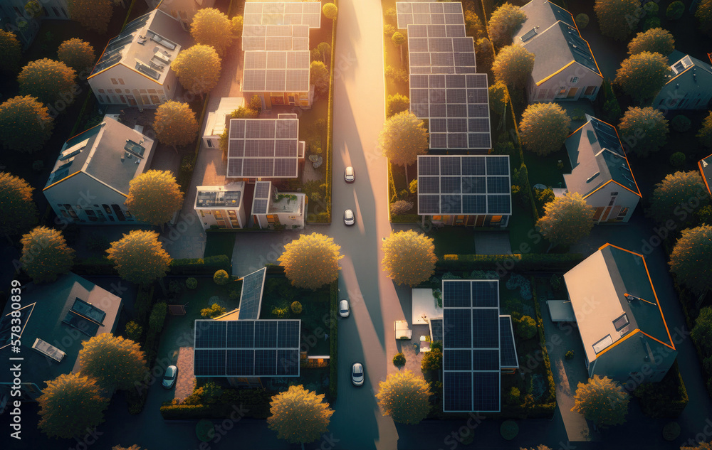 Generative AI illustration of eco friendly neighborhood with solar