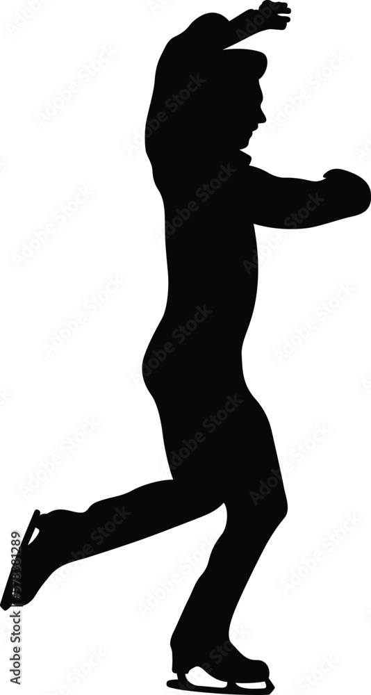 young male figure skater dancing figure skating, black silhouette on white background, vector illustration