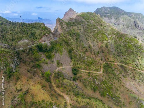 Aerial photos of Serra de Malagueta in Santiago Island Cabo Verde capture the stunning natural beauty of this mountain range, with its rugged terrain, lush vegetation, and breathtaking views photo