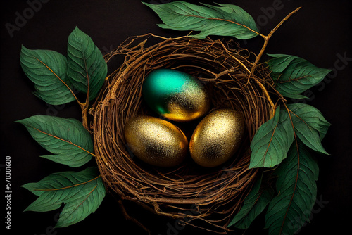 Wallpaper Mural Easter composition with golden easter eggs on black background. banner template.Top view. Flat lay mockup. Easter promotion and shopping poster. Generative Ai Torontodigital.ca