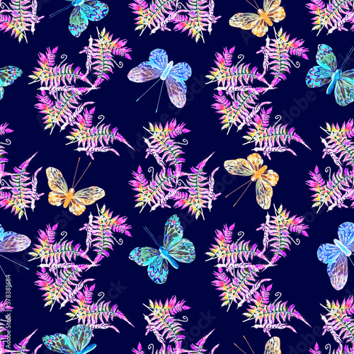 Fern with butterfly insects seamless pattern.