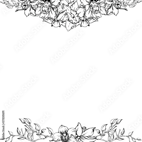 Hand drawn vector ink orchid flowers and branches  monochrome  detailed outline. Square frame composition. Isolated on white background. Design for wall art  wedding  print  tattoo  cover  card.