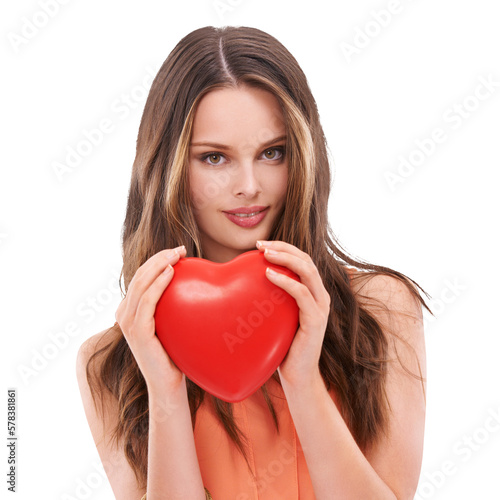 A young female model holding a heart balloon of love and affection with a symbol of romance, valentines passion of care, or empathy isolated on a PNG background © peopleimages.com