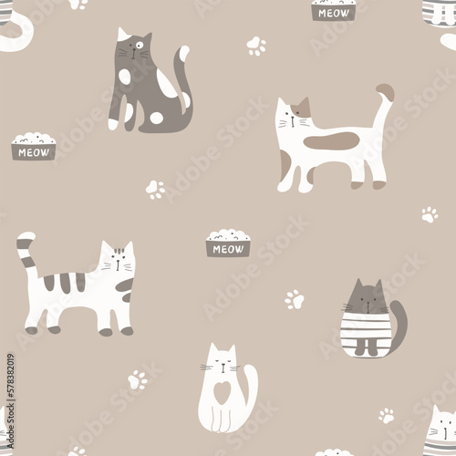 Seamless pattern with cute cartoon cats on light brown background. Vector illustration in flat style.