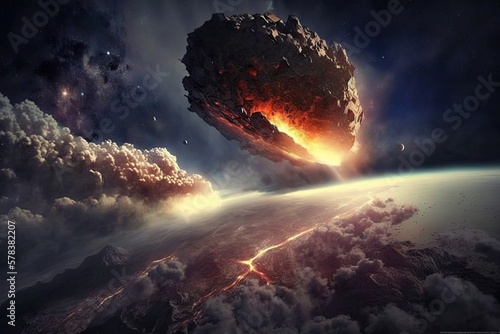 Illustration of an asteroid colliding with a Planet - Created with generative ai