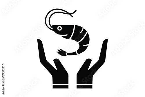 Safe shrimp icon illustration. hand icon with shrimp. icon related to food allergen. Solid icon style. Simple vector design editable