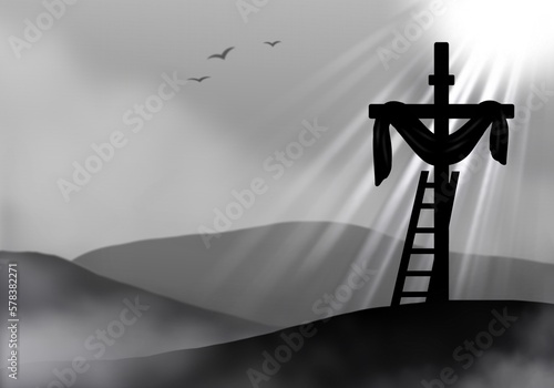 Dessin en silhouette de la croix de Jésus ressuscité sur fond de rayons lumineux. Illustration horizontal en noir et blanc. Image Sans texte