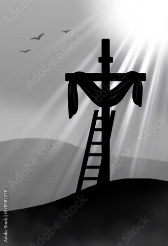 Illustration en silhouette de la croix de Jésus ressuscité sur fond de rayons lumineux. Représentation verticale en noir et blanc. Image Sans texte.