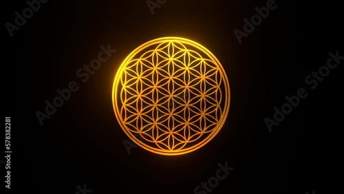 Shiny golden ornament of the flower of life spinning and rotating on a black backgrond, 3d animation, ancient, spirituality, meditation, seamless loop
