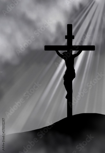 Dessin de Jésus crucifié en silhouette, sur fond nuageux avec des rayons qui viennent du ciel. Illustration noir et blanc sans texte.
