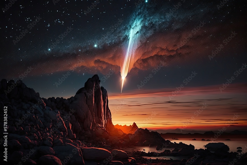 Set of Illustrations of a landscape with asteriods, comets and shooting stars - Created with generative ai