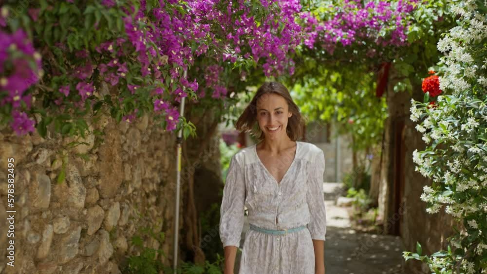 slow motion Smiling beautiful carefree woman wearing white dress walking street with flowers in old part of city enjoying vacation in Datcha, Turkey. slow motion Smiling beautiful carefree woman wearing white dress walking street with flowers in old part of city enjoying vacation in Datcha, Turkey.