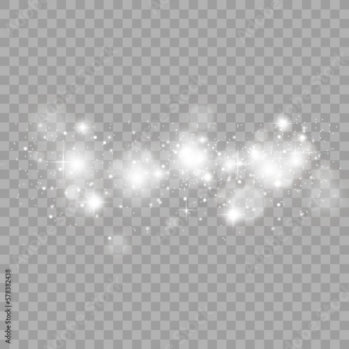 White sparks and golden stars glitter special light effect. Vector sparkles on transparent background. Christmas abstract pattern. Sparkling magic dust particles  