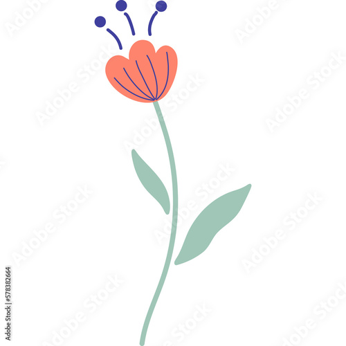 Hand drawn flower with stem and leaves. Minimalistic vector illustration of beautiful plant. Blooming plant  botany icon 