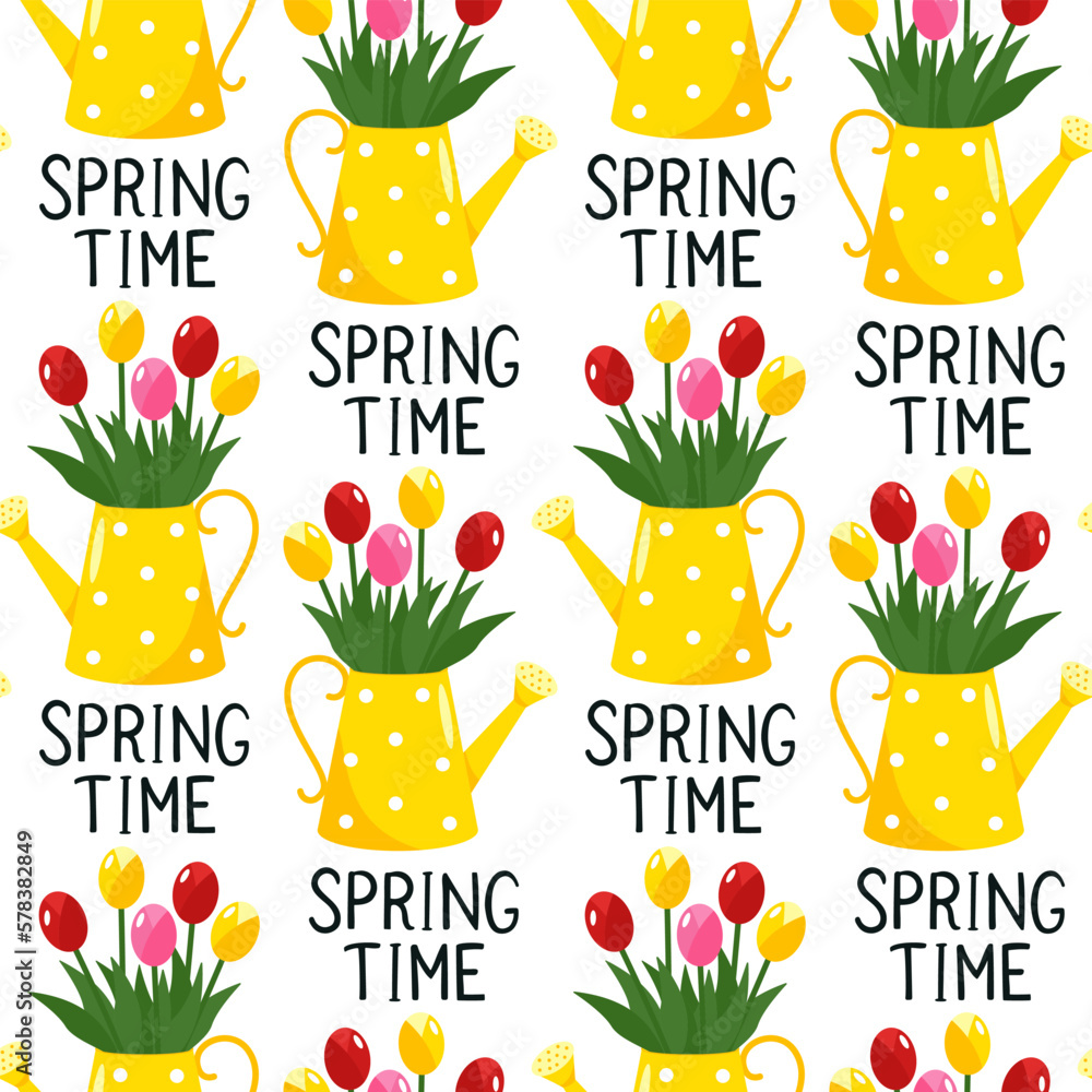 Cute spring flowers in a yellow watering can. A bouquet of tulips and the inscription spring time. Seamless pattern. Can be used to fill web page background, surface texture