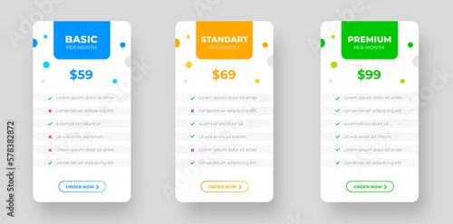 Ui UX pricing design tables with tariffs, subscription features checklist and business plans. pricing plans table and pricing chart Price list for web or app. Product Comparison business web plans. photo