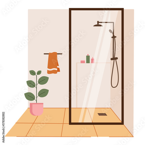Glass shower cabin, bathroom interior design. Bath cabinet, a towel on a hanger, a plant in a pot. Vector illustration in flat cartoon style