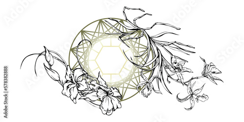 Hand drawn vector ink orchid flowers and branches, monochrome, detailed outline. Composition with crystal form. Isolated on white background. Design for wall art, wedding, print, tattoo, cover, card.