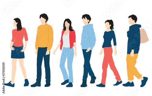  Set of young men and women, different colors, cartoon character, group of silhouettes of walking business people, students, the design concept of flat icon, isolated on white background
