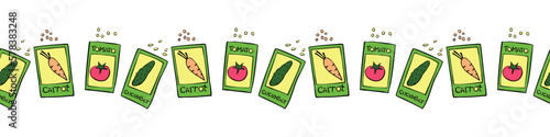 Edging, ribbon, border with outline green paper bags with seeds vegetables. Vector color seamless pattern, ornament on topic of gardening, farming, agriculture