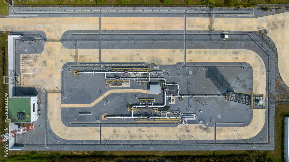 Aerial top view gas control station equipment, Natural gas supplies