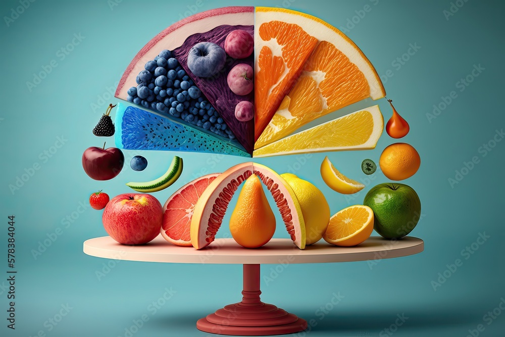 Scales with healthy food. Fresh fruits, vegetables, lean protein, whole