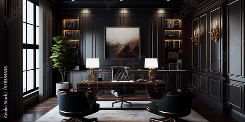 Luxurious office interior with a desk, chairs, bookcases and wood panelled walls. © Ralph Price