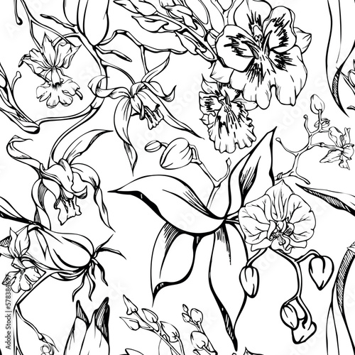 Hand drawn vector ink orchid flowers and branches, monochrome, detailed outline. Seamless pattern with crystal forms. Isolated on white background. For wall art, wedding, print, tattoo, cover, card.