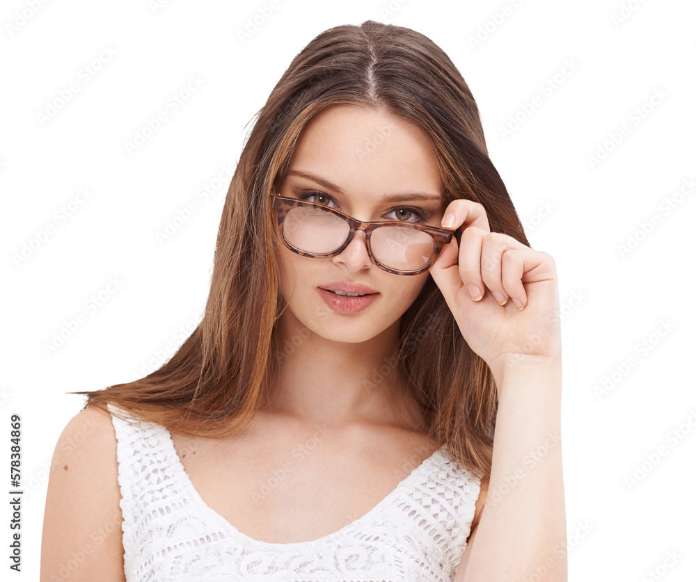 A sophisticated lady exudes confidence and poise as she peers through her spectacles with a charming gaze isolated on a PNG background A sophisticated lady exudes confidence and poise as she peers through her spectacles with a charming gaze isolated on a PNG background